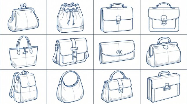 Hand-drawn collection of fashion bag sketches featuring handbags, purses, briefcases, backpacks and clutches on a white background