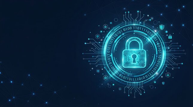 Digital illustration of a secure lock symbol with circuits and binary code on a dark blue background