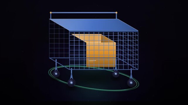 A premium product package drops into a minimalist 3D shopping cart, causing the basket to compress on impact, the wheels to absorb the motion, and a luminous purchase confirmation ring to lock the val