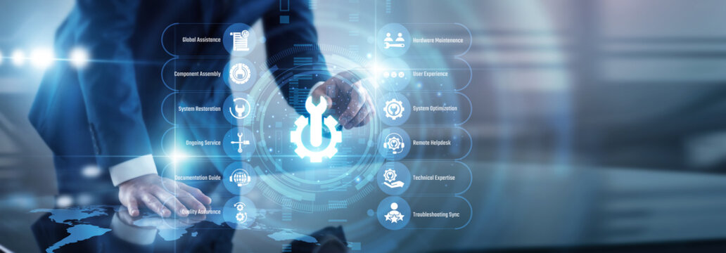 Specialist point of Technical Support digital troubleshooting and user assistance concept resolving complex software glitches efficiently. Restoring optimal system functions in a fast web.