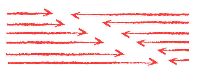 Obraz premium Hand drawn red arrows set with chalk texture for indicating directions in presentations