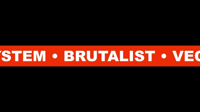 Raw system brutalist motion background: dynamic red banner with scrolling typography and minimalist industrial aesthetic animation 4k