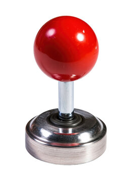 This vintage gaming peripheral features a polished chrome metal base and a vibrant spherical handle for retro arcade cabinet control systems