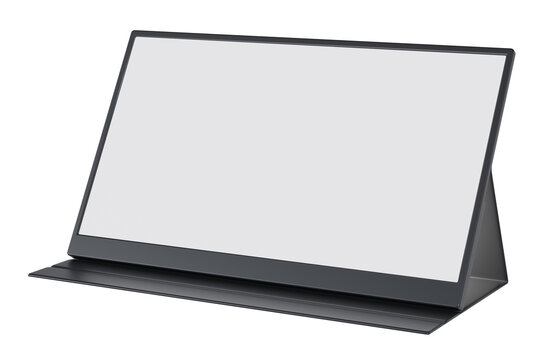 Portable monitor mockup with a sleek black folio case standing at an angle on a transparent background for digital UI design presentations.