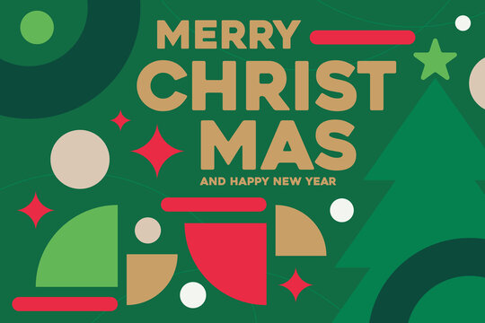 Christmas and New Year greeting vector background with festive geometric elements and typography