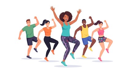 Fototapeta premium Vector Illustration of Happy Diverse People Dancing Zumba Workout