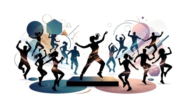Active Zumba Dance Fitness Vector Silhouettes on Abstract Background