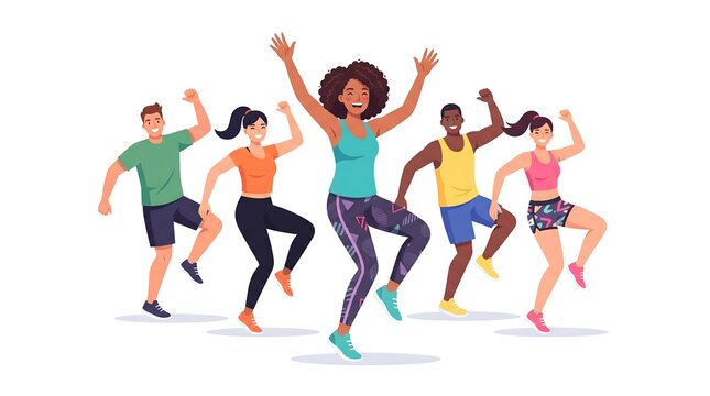 Vector Illustration of Happy Diverse People Dancing Zumba Workout