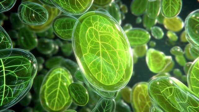 3D Motion Graphic Loop of Microscopic Plant Chloroplast Cells with Translucent Cell Wall and Vein Network