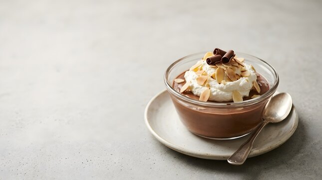 Delicious Chocolate Pudding Dessert with Cream and Almond Topping