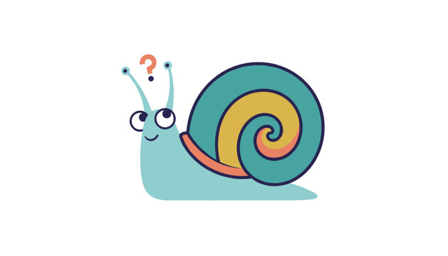 Confused little blue cartoon snail with a colorful spiral shell looking upward at a red question mark.