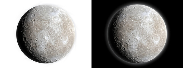 Tan gray moon with rugged cratered highlands and bright ray patterns illustration for astronomy education design featuring PNG, Transparent and Black Background Versions © Tanay