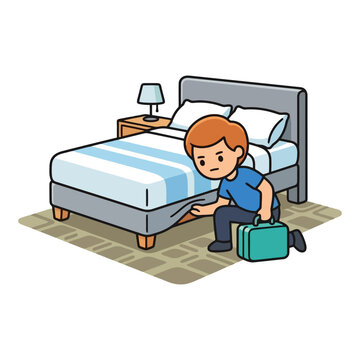 Cartoon boy with suitcase looking under bed in bedroom scene.