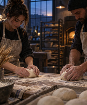 Two bakers shaping dough in a micro bakery before sunrise