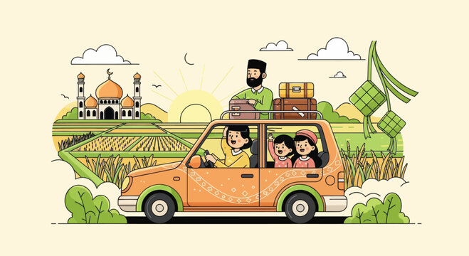 Family car trip for Eid Mudik holiday.