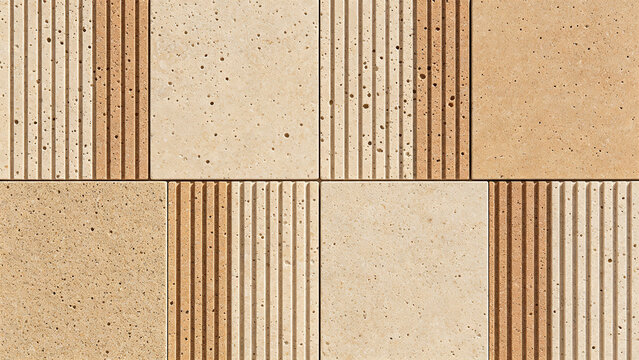 Tiled wall surface with alternating smooth and ribbed beige ceramic tiles,Suitable for interior design.