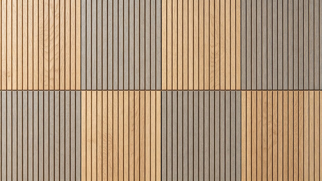 Wood slat wall panel with alternating light oak and grey vertical slats,Suitable for interior design.