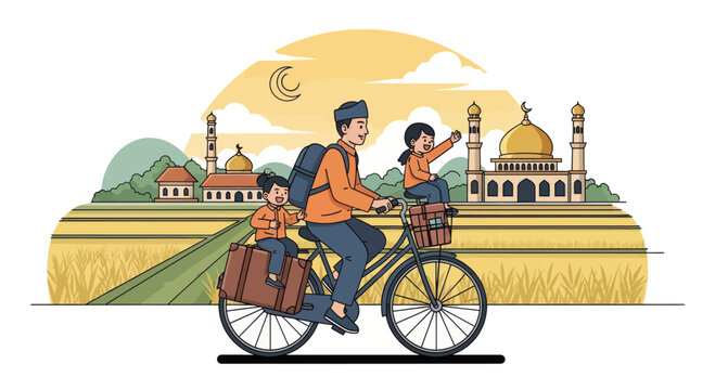 Muslim father and child riding bicycle through rice fields.
