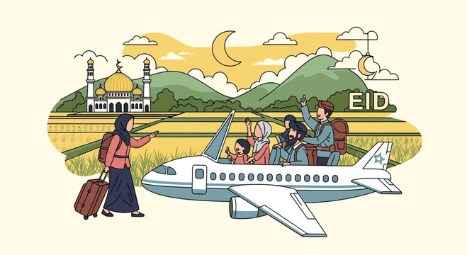 Family traveling by plane for Eid holiday celebration.