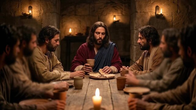 Jesus Christ Shares Bread with His Apostles During the Last Supper Symbolizing Eucharist Communion Faith Sacrifice Fellowship Covenant Devotion and Sacred Christian Tradition Before Crucifixion in Jer