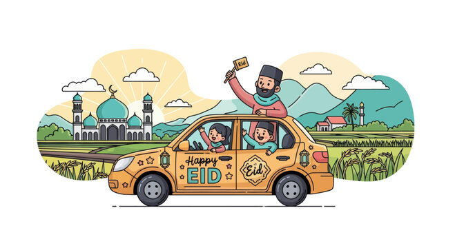 Family in yellow car celebrating Eid al-Fitr homecoming.