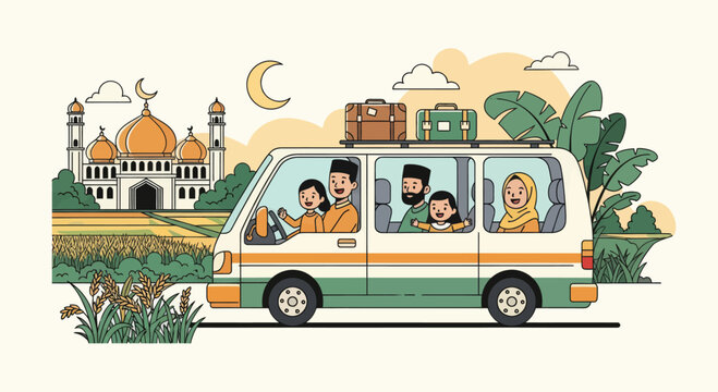 Muslim family traveling in van for Eid Mudik homecoming