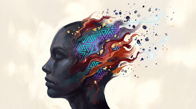Abstract illustration of a human head dissolving into colorful geometric patterns.