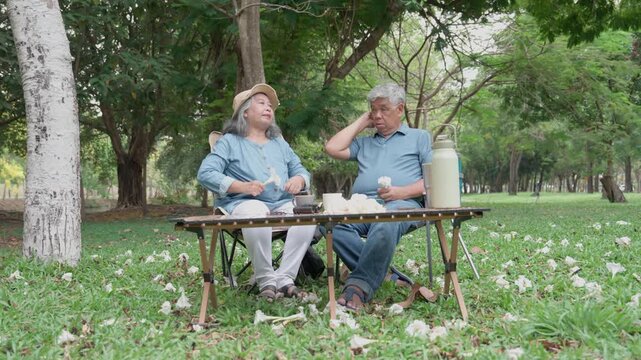 Older man and woman sit at a picnic table in a spacious green park, talking and gesturing while enjoying food and drinks during peaceful outdoor leisure time.