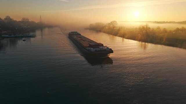 Aerial view of cargo ship on river at sunrise in Netherlands.