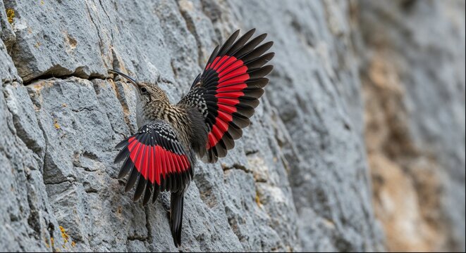 Wallcreeper Spreading Crimson Wings on Limestone Cliff, Rare Alpine Bird Wildlife Photography