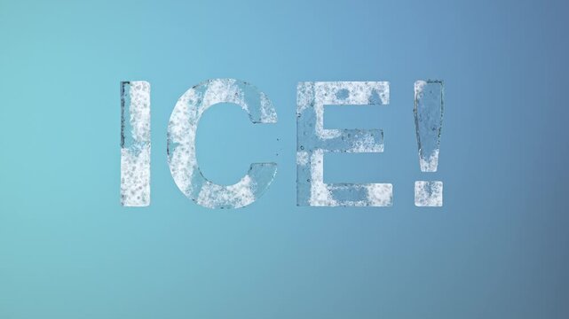 Glossy 3D illustration of the word ICE formed from frozen water, surrounded by splashing liquid and bubbles on a soft blue gradient background with copy space