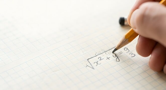 Hand with Pencil Solving Mathematical Equation on Graph Paper