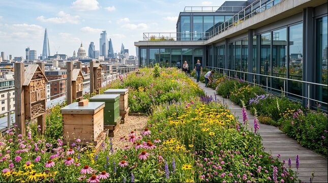 Rooftop Biodiversity Garden with Beehives and Wildflowers, London Skyline The Shard Urban Ecology