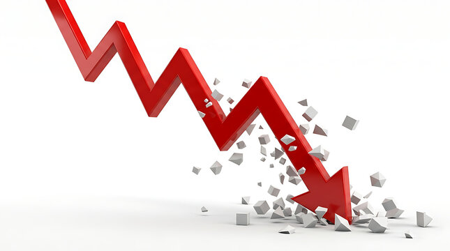 Red arrow moving downward breaking the ground representing economic crash or financial recession