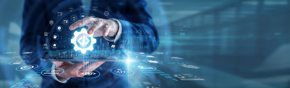Computer engineer hands holding tablet reviewing clean Software Development programming code on screen. Advanced mobile application layout architecture, tech engineering, and digital system.
