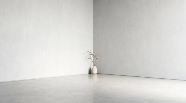 Solitary ceramic vase with dry branch in empty minimalist concrete room corner