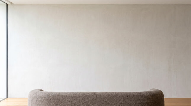 Serene minimalist living room wall behind boucle sofa with soft warm copy space