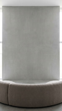 Tall plaster wall towering behind curved boucle sofa with vast negative copy space