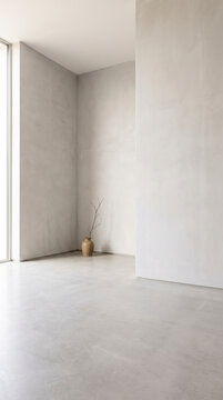 Vertical minimalist room corner with solitary dry branch vase and soft window light
