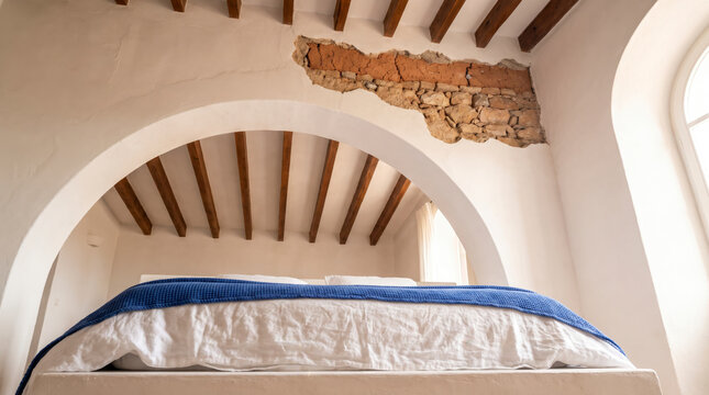 Weathered stone patch exposed beneath wood beam ceiling above rustic attic bed