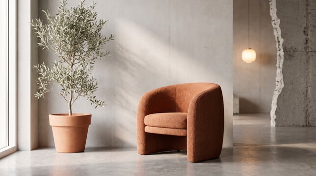 Terracotta armchair resting beside olive tree near cracked concrete wall texture