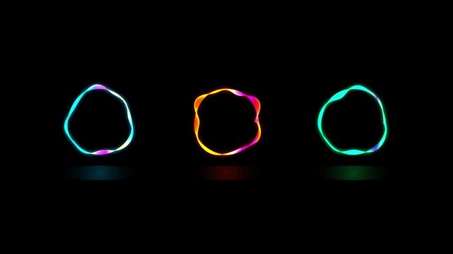 Three colorful holographic resonance rings pulsing on black