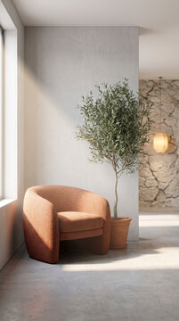Terracotta armchair and olive tree resting in sunlit corner beside fractured wall