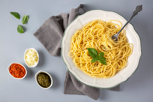Buttered spaghetti pasta served looks delicious - Plain spaghett on dish - cooked spaghetti