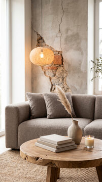 Curved boucle sofa and pampas grass beneath glowing lamp revealing stone wound