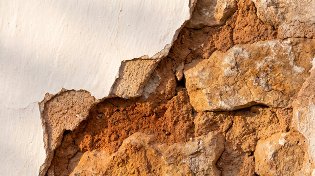 Extreme closeup of crumbling wall revealing weathered stone and loose rubble