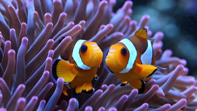Two orange clownfish swim together among the purple tentacles of a sea anemone.