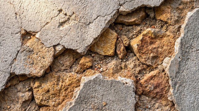 Closeup texture of broken plaster wall revealing layered stone and clay strata