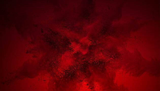 Red powder explosion with white smoke cloud and flying debris particles on dark background