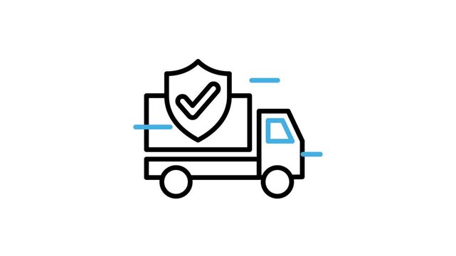 Animated truck delivery protection icon. Shipping cargo with shield and check mark symbol animation for logistics distribution, shipment, transportation, freight, export, import. Motion graphics